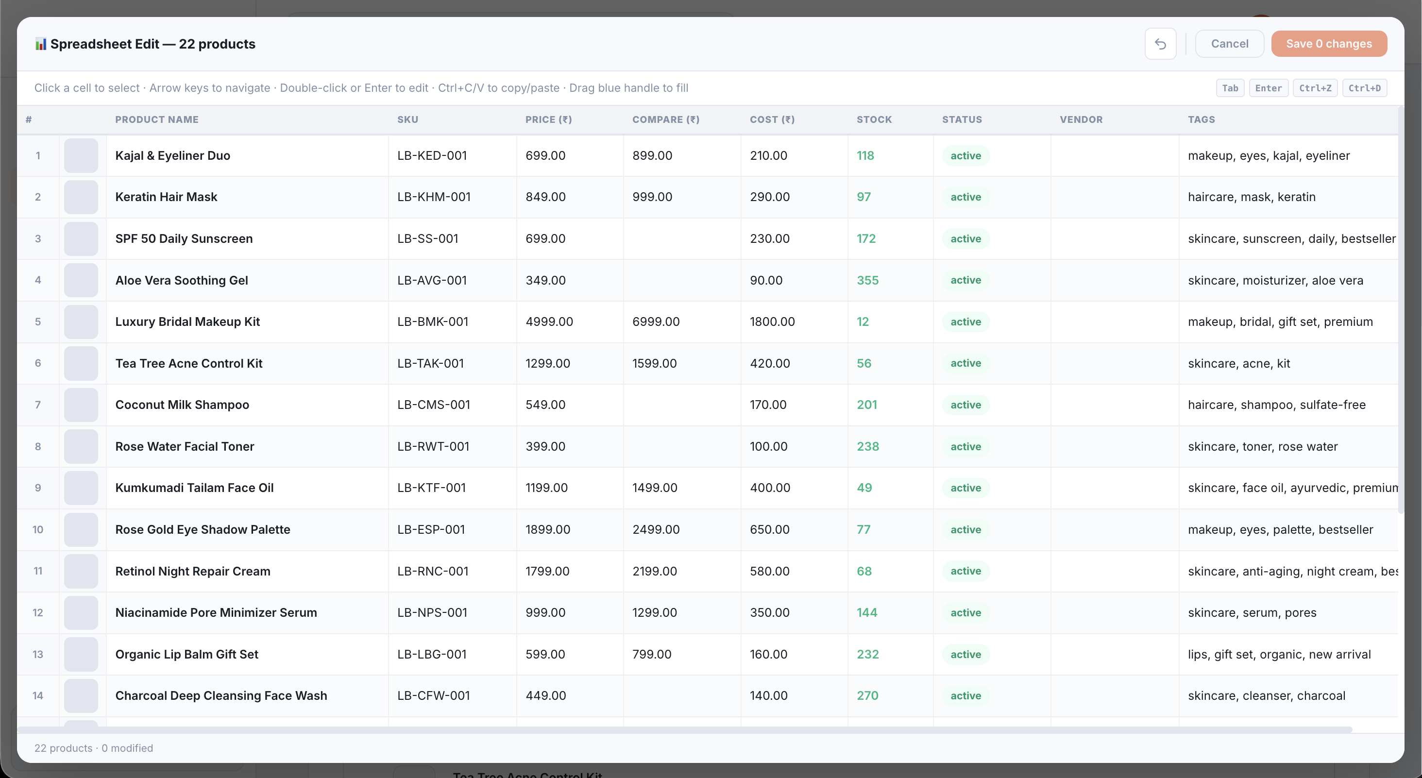 Spreadsheet-style bulk product editor