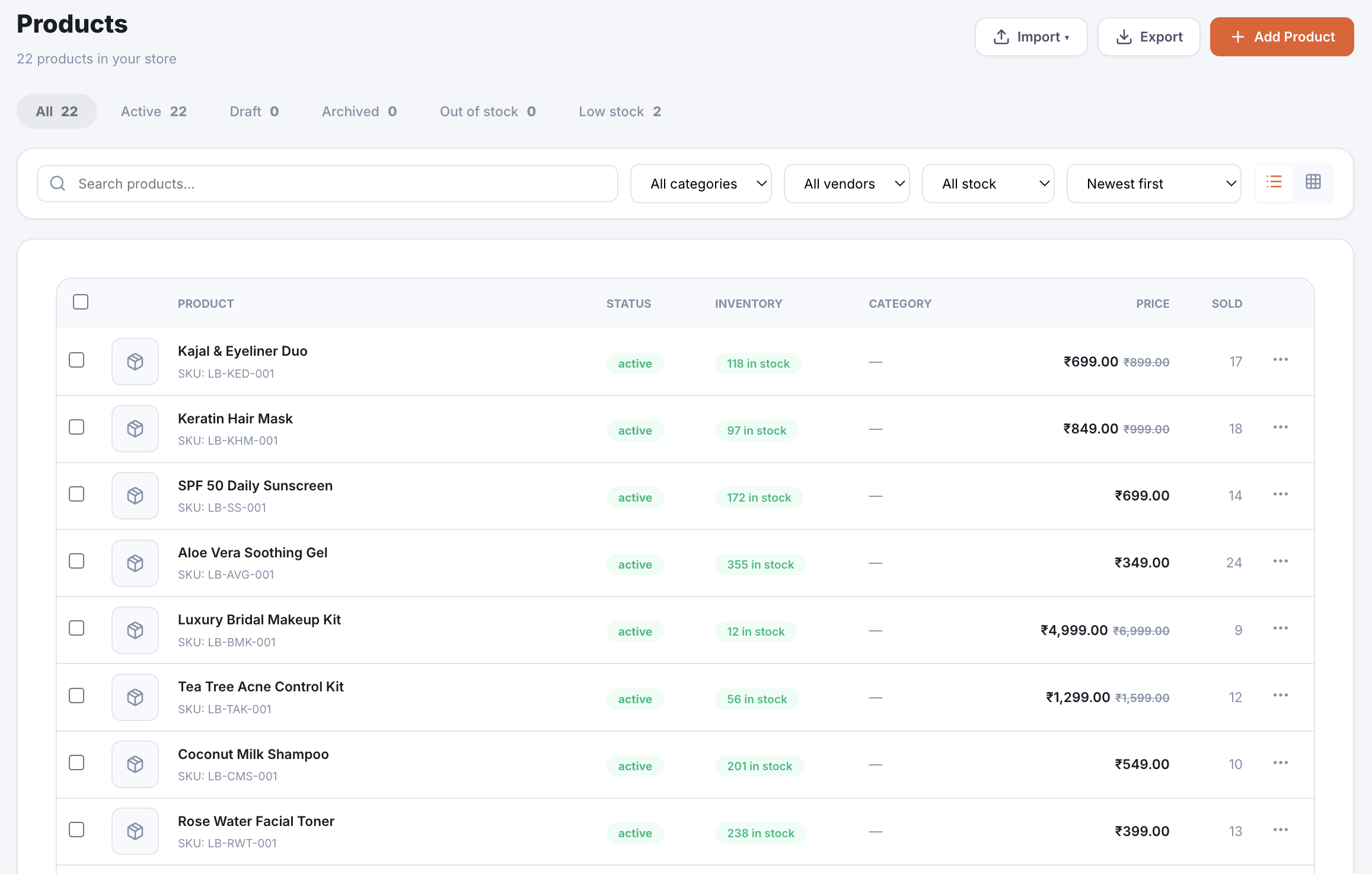 Product management with variants and inventory