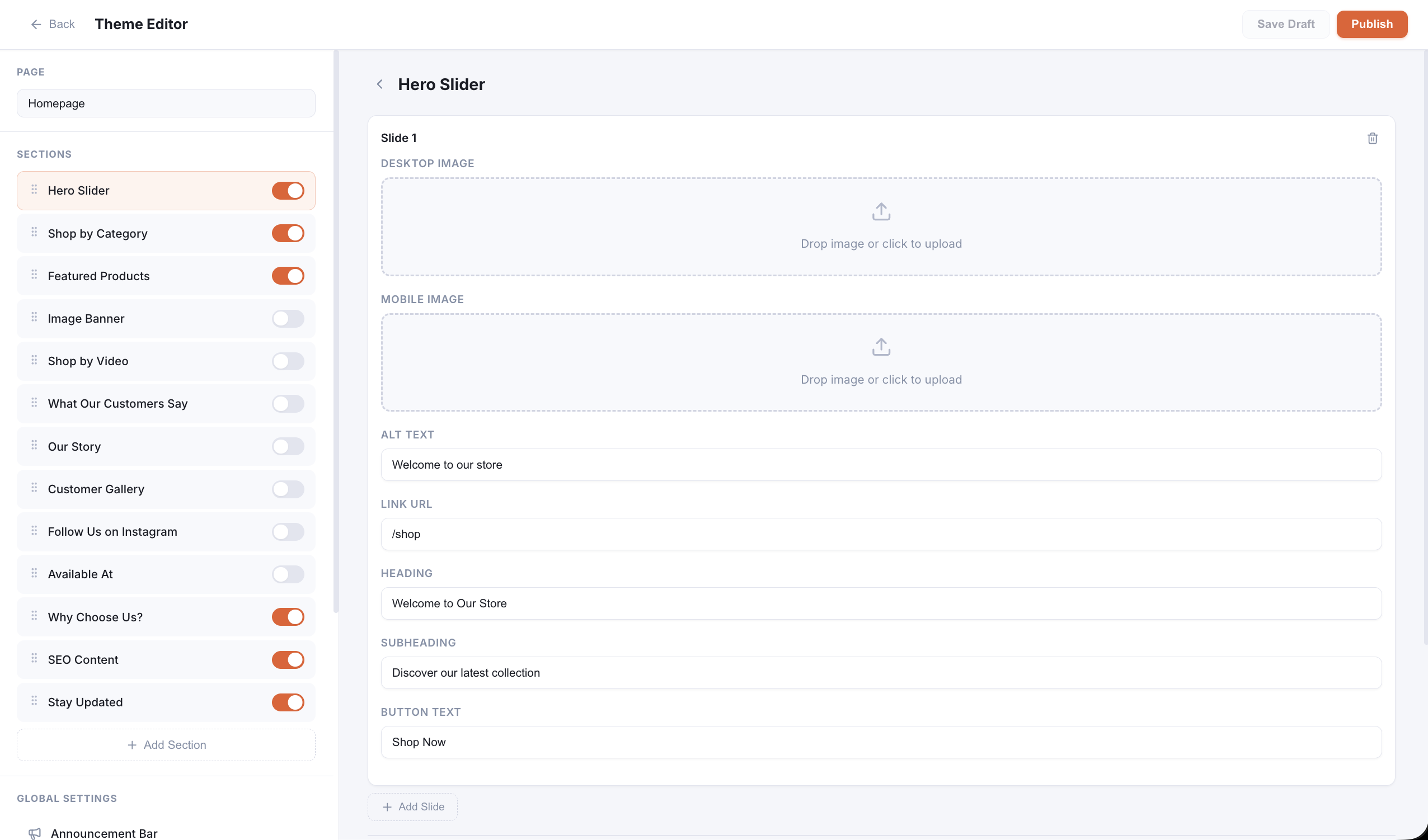 Visual theme editor with 13 section types